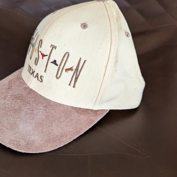 Houston, Texas Leather Strapped Hat - Beige & Brown-Steers, Stars, Boots, Cowboy - Picture 5 of 6